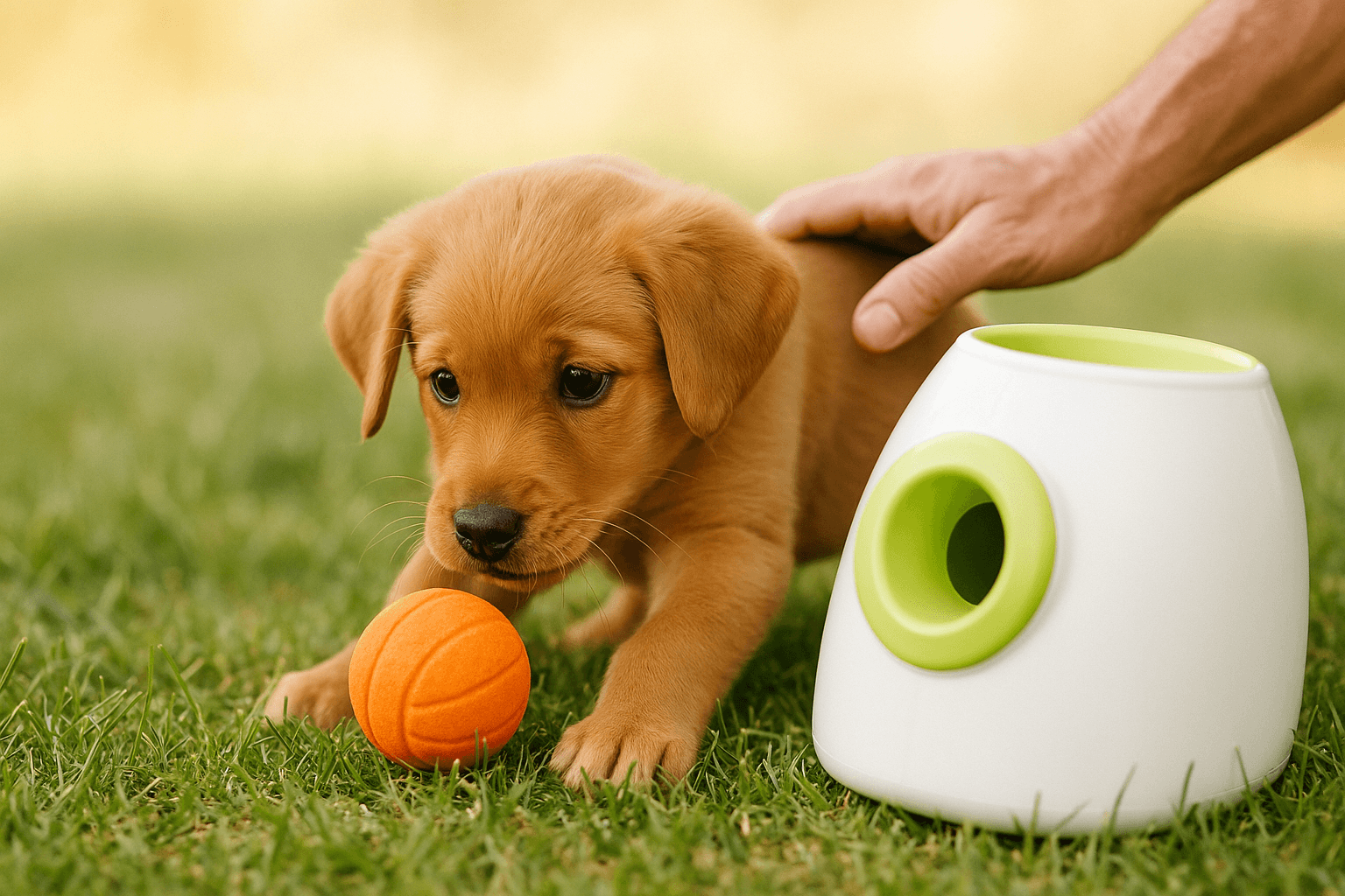 Welpe spielt mit Ballwurfmaschine