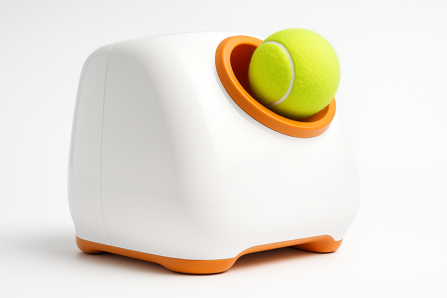 Detail einer modernen automatischen Ballwurfmaschine für Hunde mit eingelegtem Tennisball