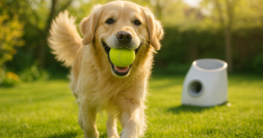 Golden Retriever fängt einen Tennisball aus einer Ballwurfmaschine im sonnigen Garten
