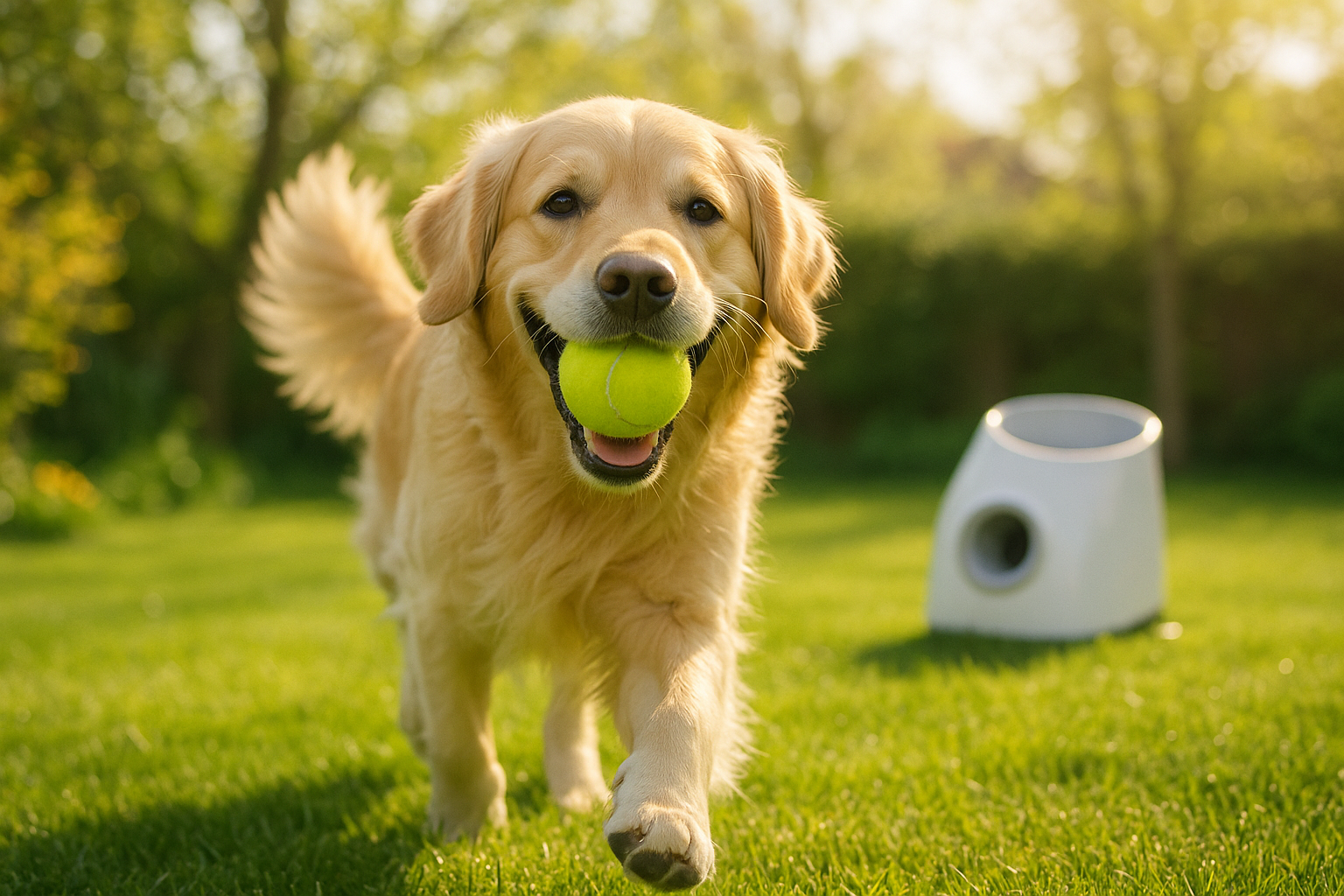 Golden Retriever fängt einen Tennisball aus einer Ballwurfmaschine im sonnigen Garten
